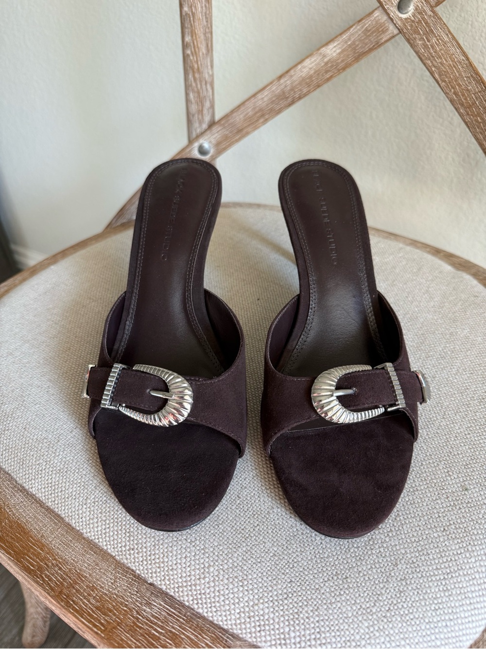 Black Suede Studio Elena Buckle Mule Heels - Picture 3 of 7